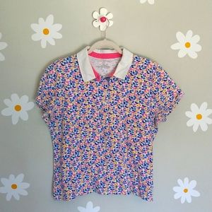 Talbots Petite Happy Preppy Whit Blue Pink Yellow Floral Short-Sleeve Polo Shirt